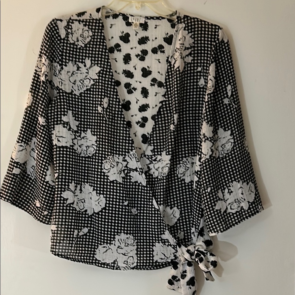 Spense Black and White Wrap Blouse with Tie Front